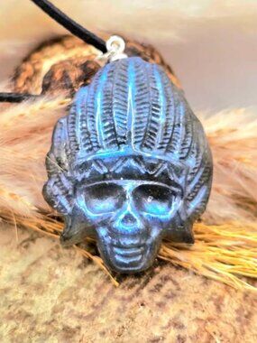 Nature Labradorite Native American Head Skull Pendant Necklace